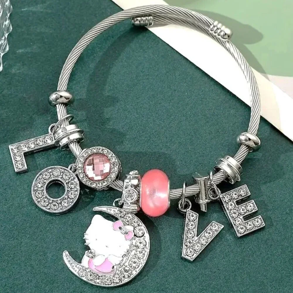 Hello Kitty Charm Bracelet Sanrio Rhinestone LOVE Moon Rave Emo Rave Beads Cute